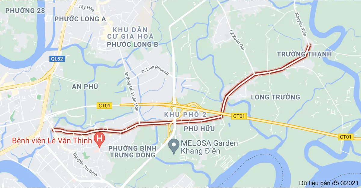 Bản đồ tuyến đường Nguyễn Duy Trinh kết nối Phú Hữu và Long Trường