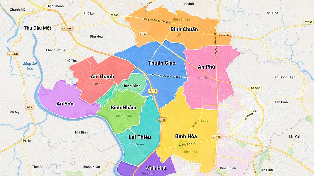 Bản đồ các khu vực Lái Thiêu An Phú và Vĩnh Phú thuộc thành phố Thuận An