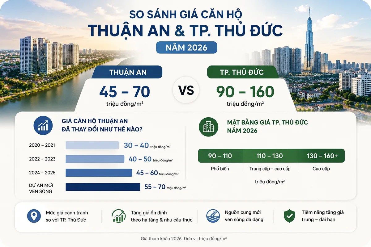 So sánh giá căn hộ Thuận An và TP Thủ Đức năm 2026