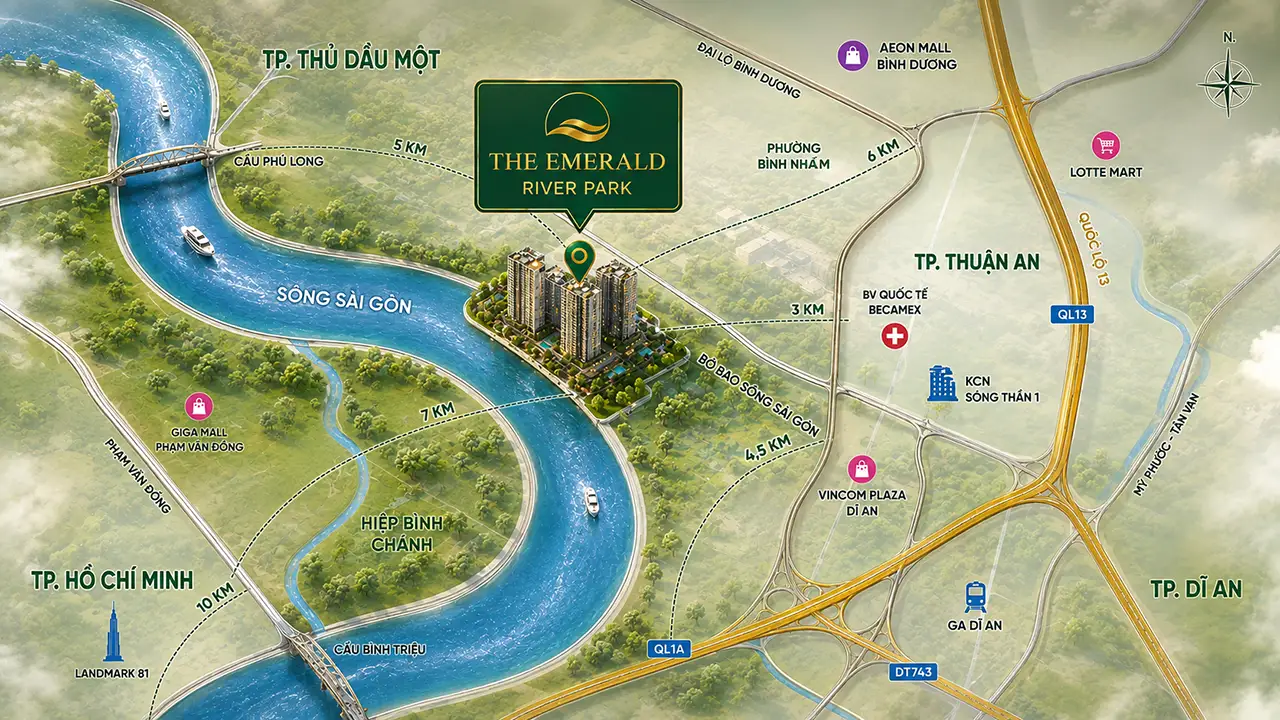 Vị trí dự án The Emerald River Park kết nối Quốc lộ 13
